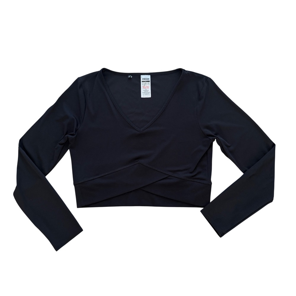 Gymshark Womens Black V-Neck Long Sleeve Wrap Front Crossover Crop Top Size L